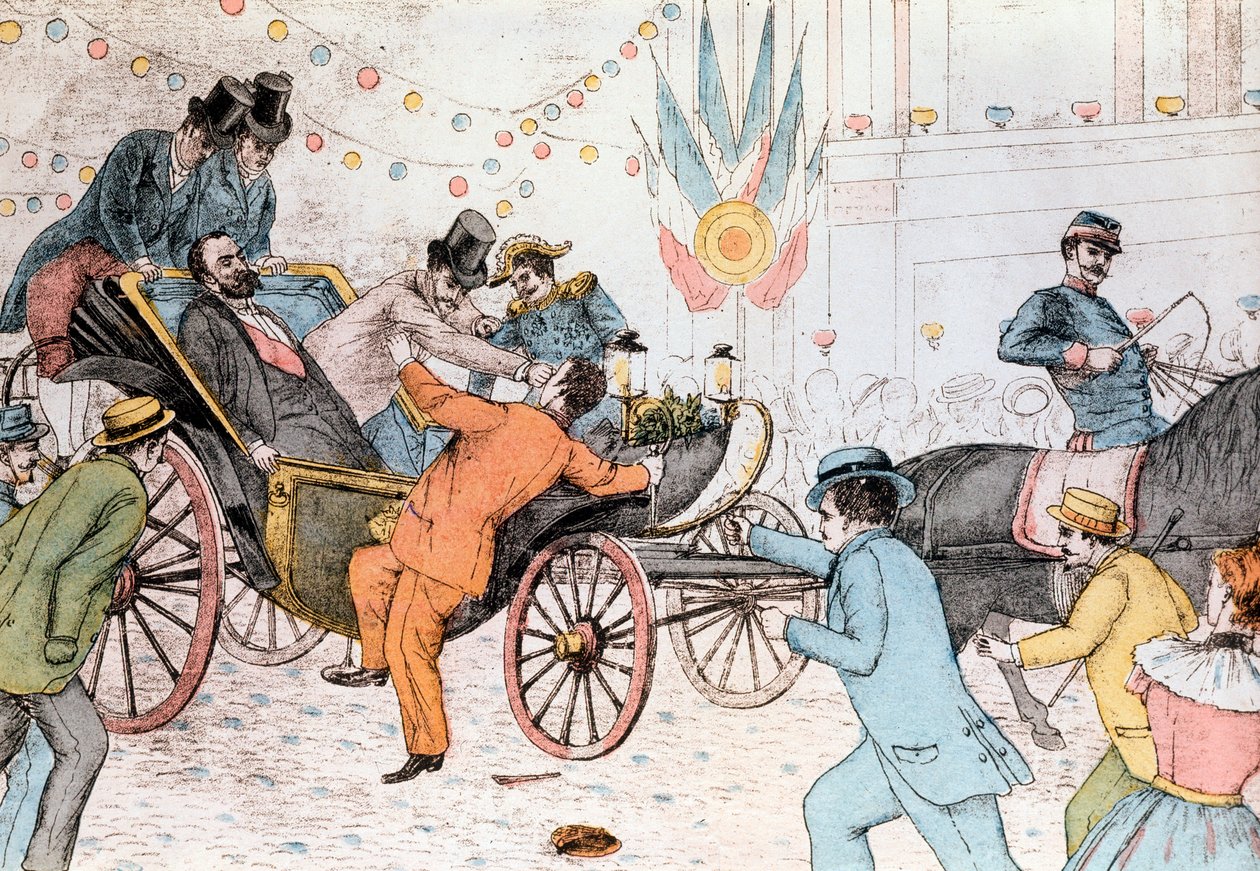 Sadi Carnot, İtalyan anarşist Sante Jeronimo Caserio tarafından öldürüldü, 25 Haziran 1894 (gravür) by Unknown artist