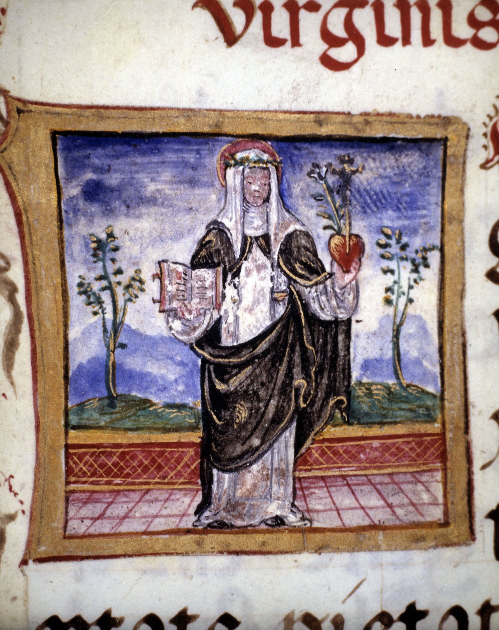 Sienalı Aziz Catherine (1347 - 1380) elinde bir kitap ve bir kalp, 15. yüzyılın minyatürü. by Unknown artist