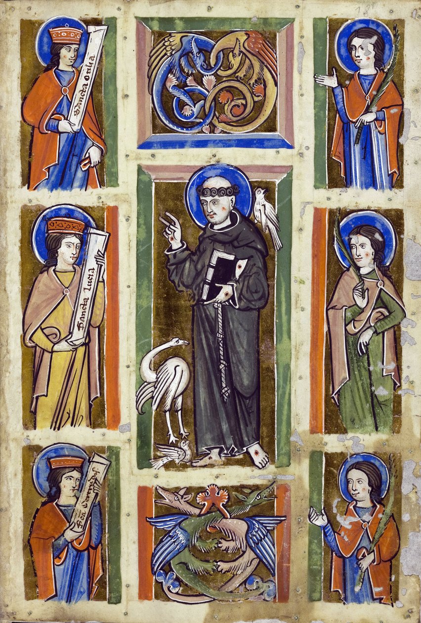 Aziz Francis Kuşlara Vaaz Ediyor, Anonim. Parşömen üzerine suluboya, yaklaşık 1230-1240, Badische Landesbibliothek by Unknown artist