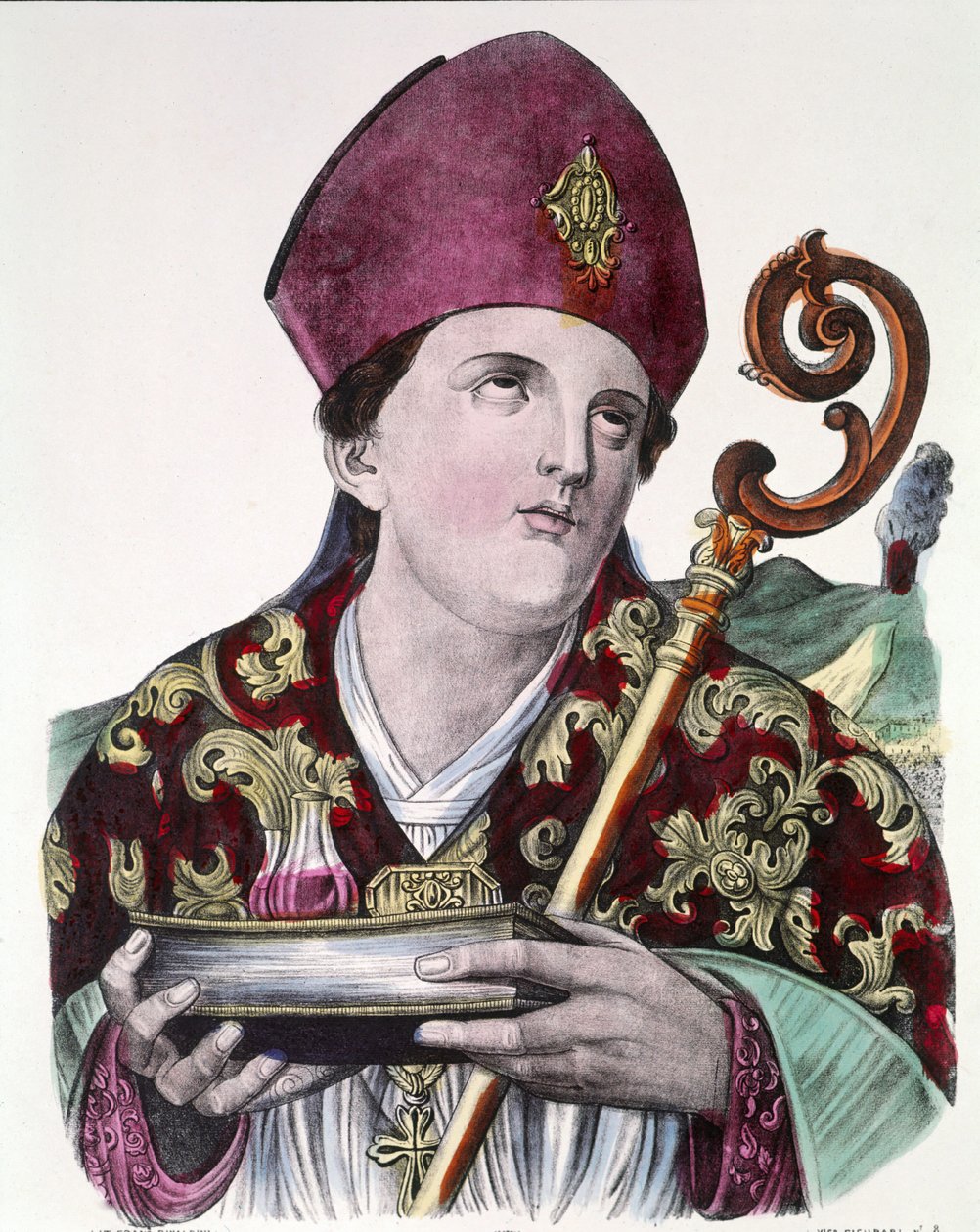 Saint Gennaro veya Saint Janvier, Napoli şehrinin hamisi, kanını içeren ampulü elinde tutuyor. 19. yüzyıldan renkli popüler baskı. by Unknown artist