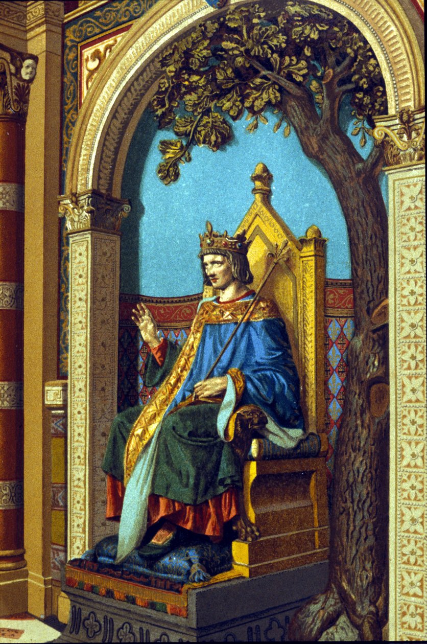 Saint Louis veya Louis IX (1214 - 1270) adaleti yerine getiriyor. Renkli taşbasması. by Unknown artist
