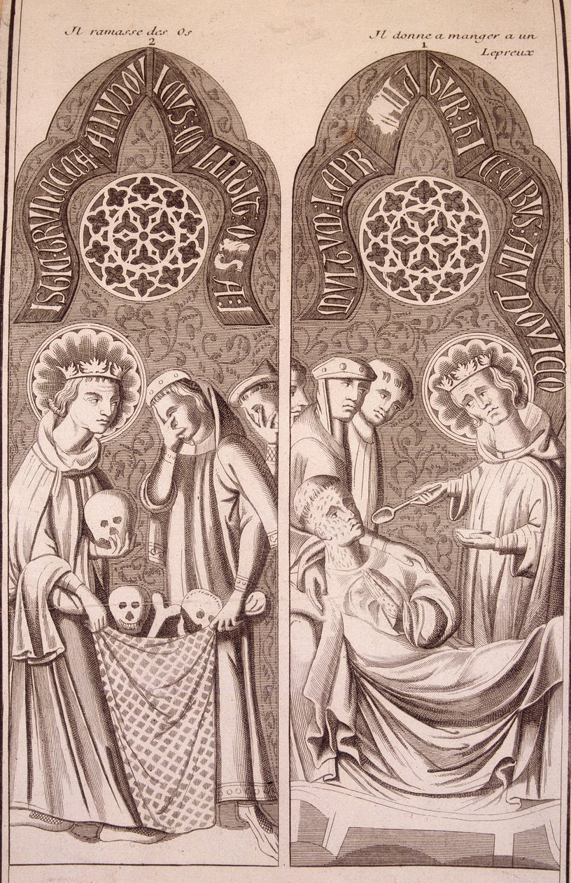 Saint Louis kemikleri alır ve cüzamlılara yemek verir by Unknown artist