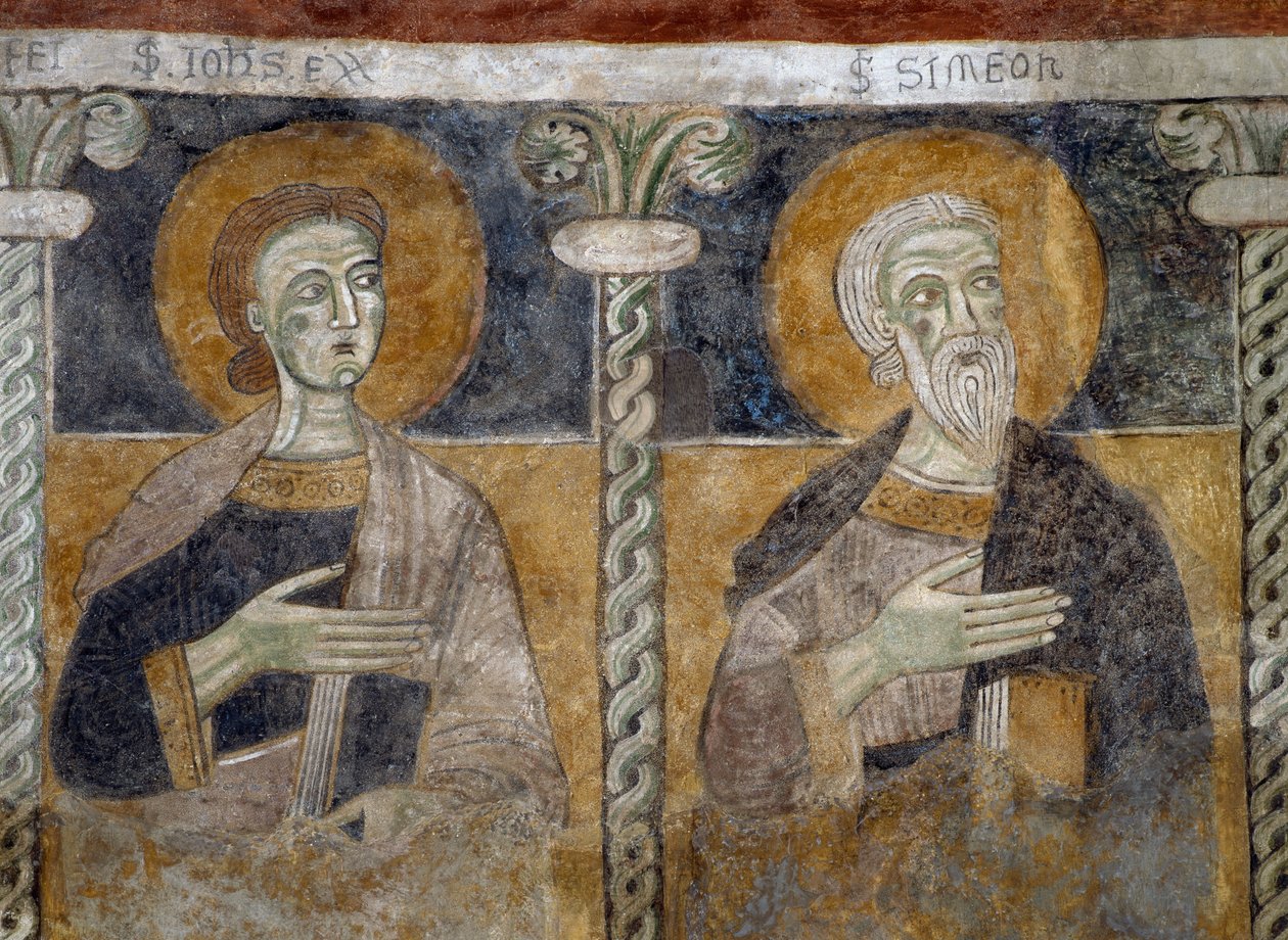 Aziz John Evangelist ve Simeon, Aziz Sisinio, Martirio ve Alessandro Bazilikası'ndaki 12. yüzyıl freskinin detayı, San Zeno di Trento, Trentino-Alto Adige, İtalya. by Unknown artist