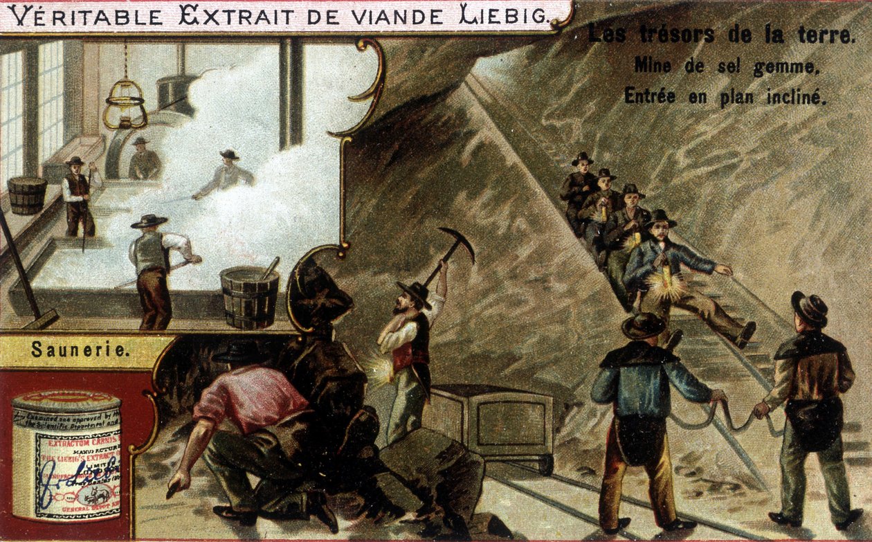 Tuzlu su ve tuz madeni: tuz çıkarma ve saunier. Liebig ürünlerinin kromolitografisi, "Les trresors de la terre" serisi. by Unknown artist
