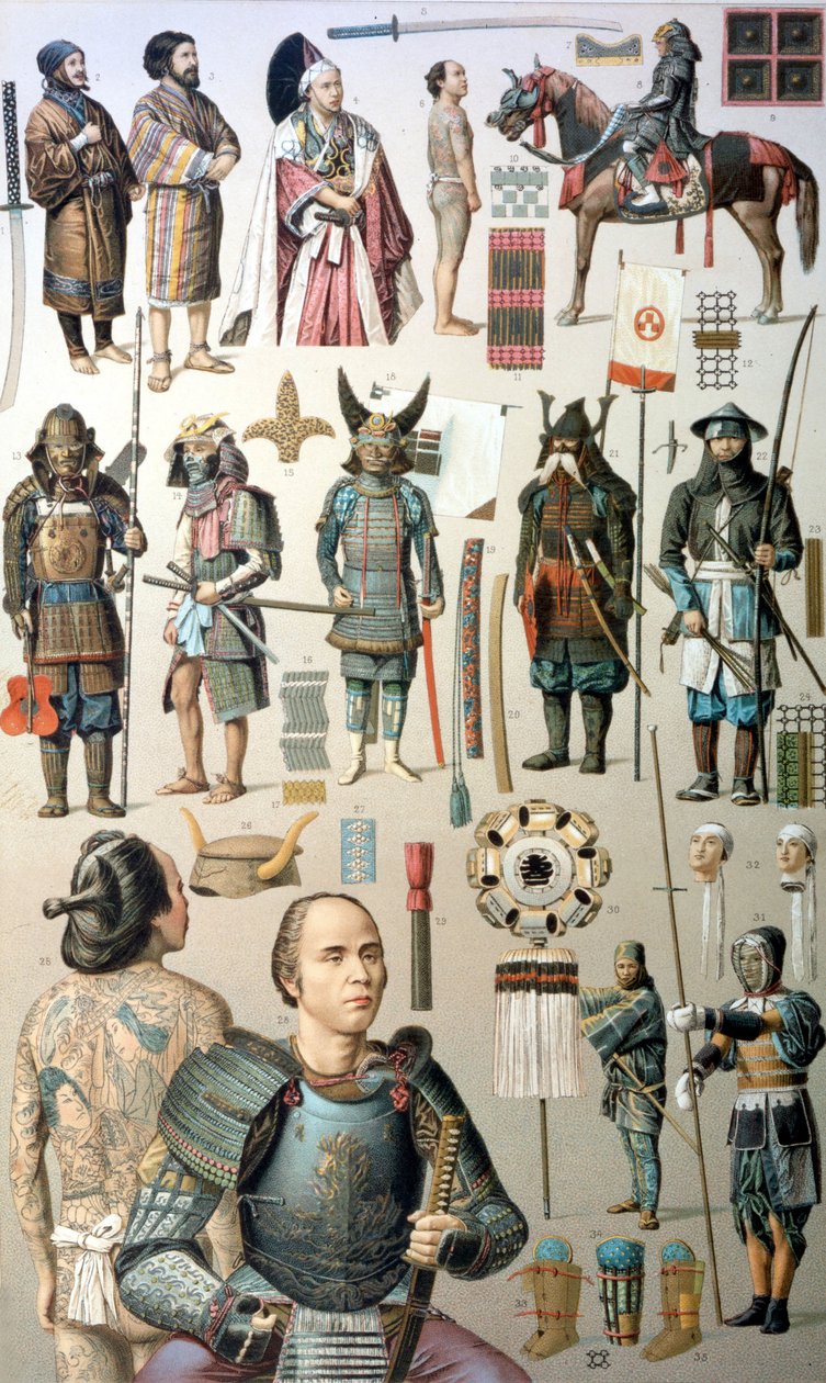 Samuray kostümleri, silahları ve zırhları. 19. yüzyıl. by Unknown artist