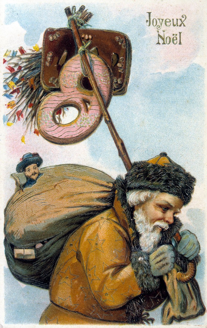 Noel Baba sırtında hediyeler giyiyor. by Unknown artist