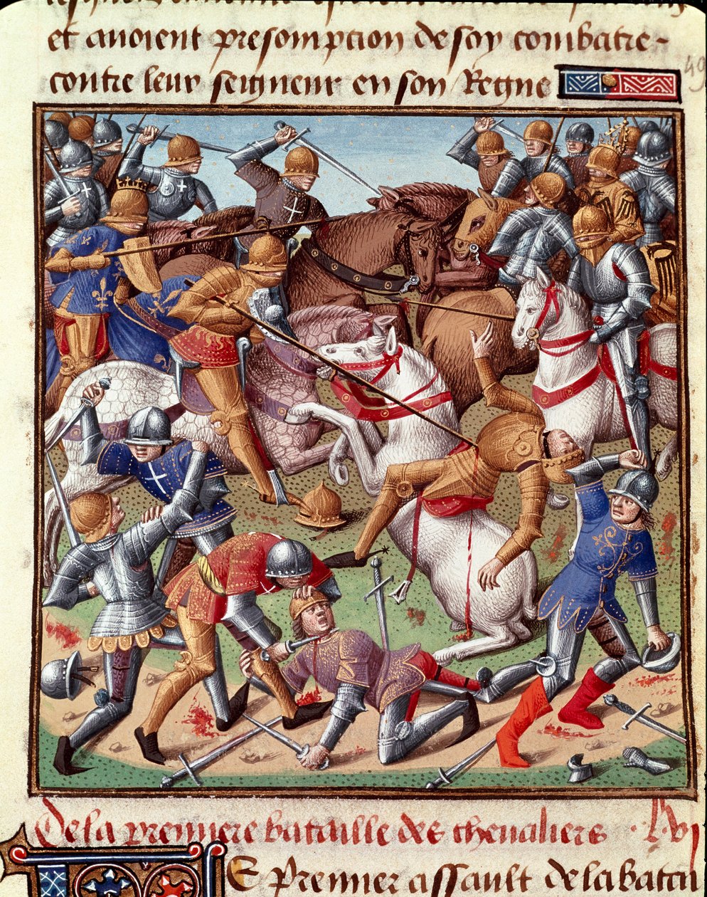 Savaş sahnesi Minyatür "" Le Miroir tarihçi"de (Speculum Historiale) (ms. 1196 fol. 408 r.) Vincent de Beauvais (1190-1264) tarafından Fransızcaya çevrilmiş, Jean de Vignay by Unknown artist