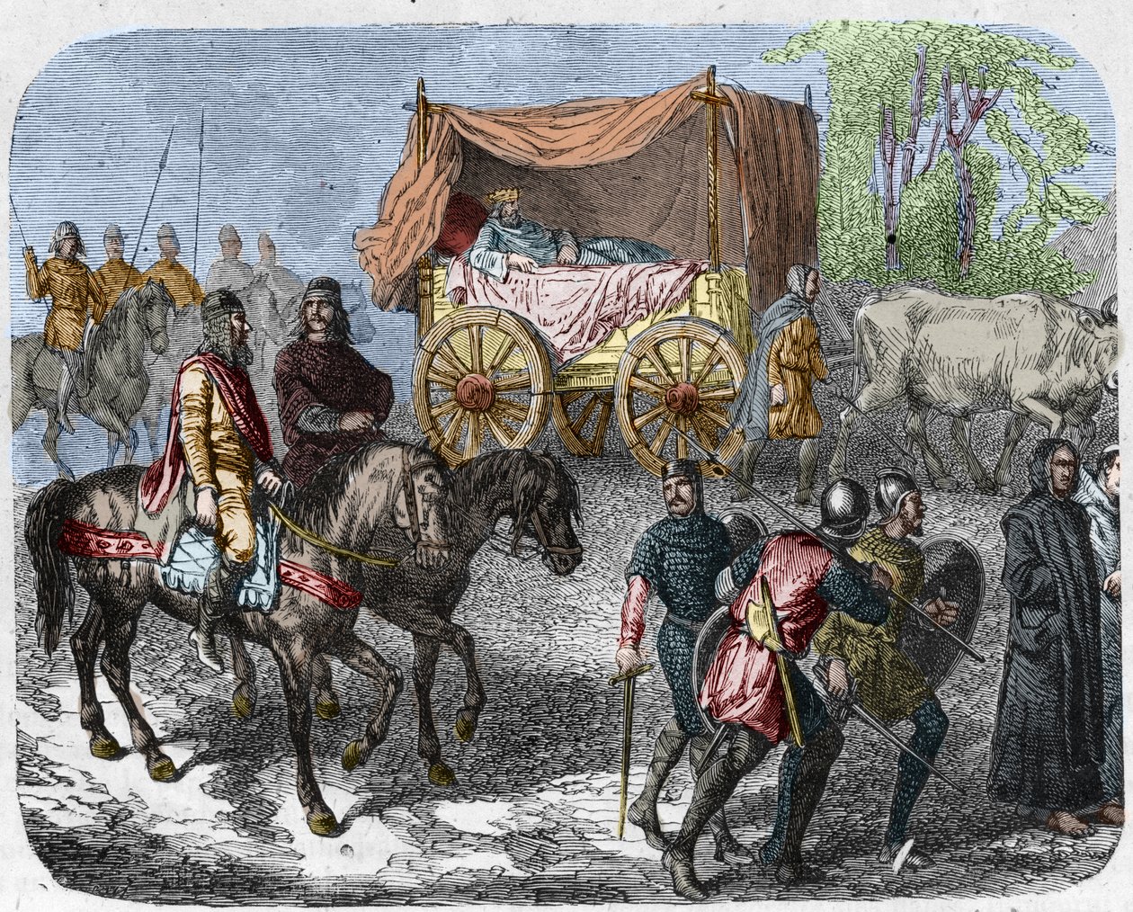Tembel kralları betimleyen sahne: Fransa Kralı III. Thierry (673-691) öküzlerin çektiği yatağı olan bir tankta taşır. by Unknown artist