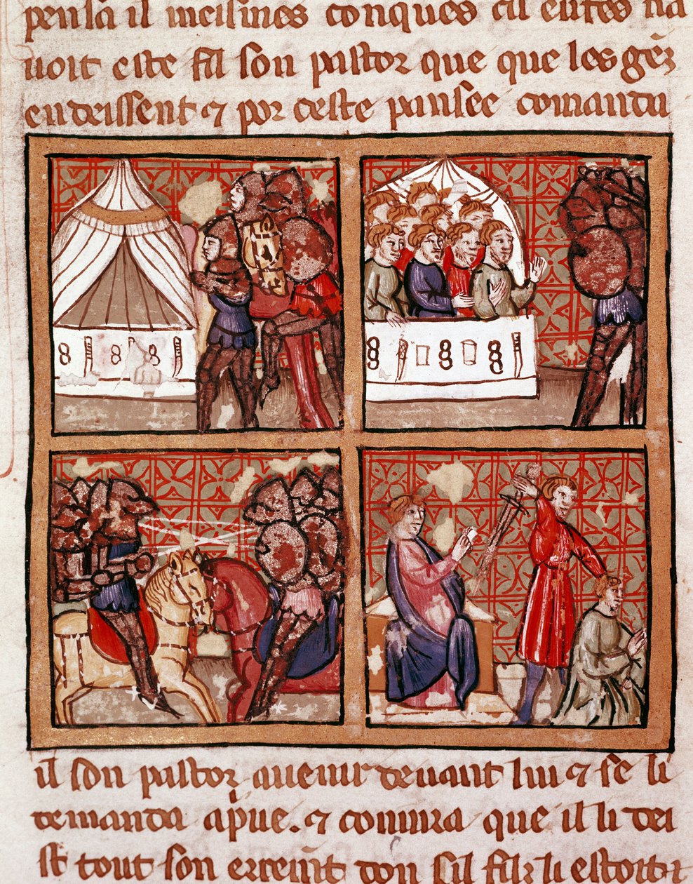 İki düşman kampı arasındaki çatışma sahnesi, sağ altta bir infaz. 14. yüzyıldan kalma bir el yazması Biblioteca Marciana Venedik sayfası by Unknown artist