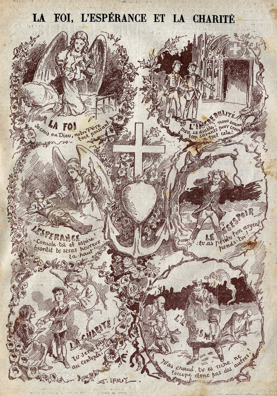 İnanç, Umut, Hayırseverlik ve karşıtları, İnanç, Çaresizlik ve Egoizmi gösteren sahneler. 27 Mart tarihli “Le Pelerin”deki illüstrasyon by Unknown artist
