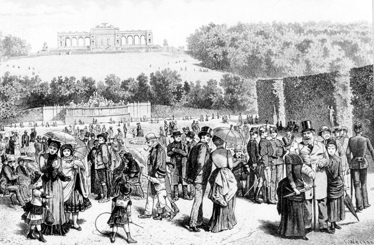 Viyana'dan çok uzak olmayan bir saray ve bahçeler kompleksi olan Schonbrunn Park, 18. yüzyıldan beri Habsburg ailesinin yazlık eviydi. 19. yüzyılın litografisi. by Unknown artist