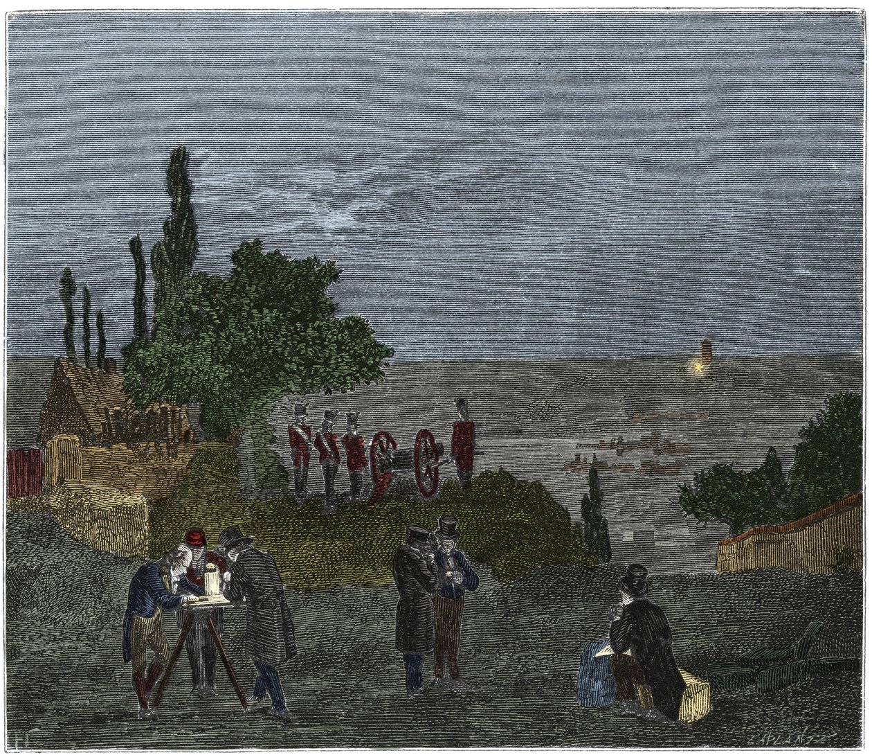 Bilimsel deney: Humboldt, Louis-Joseph Gay-Lussac (Louis Joseph Gay Lussac), Bouvard, Prony ve Mathieu tarafından ışık algısı ile bir silah atışının algılanması arasında geçen süreyi belirleyen ses hızının hesaplanması, gecede by Unknown artist