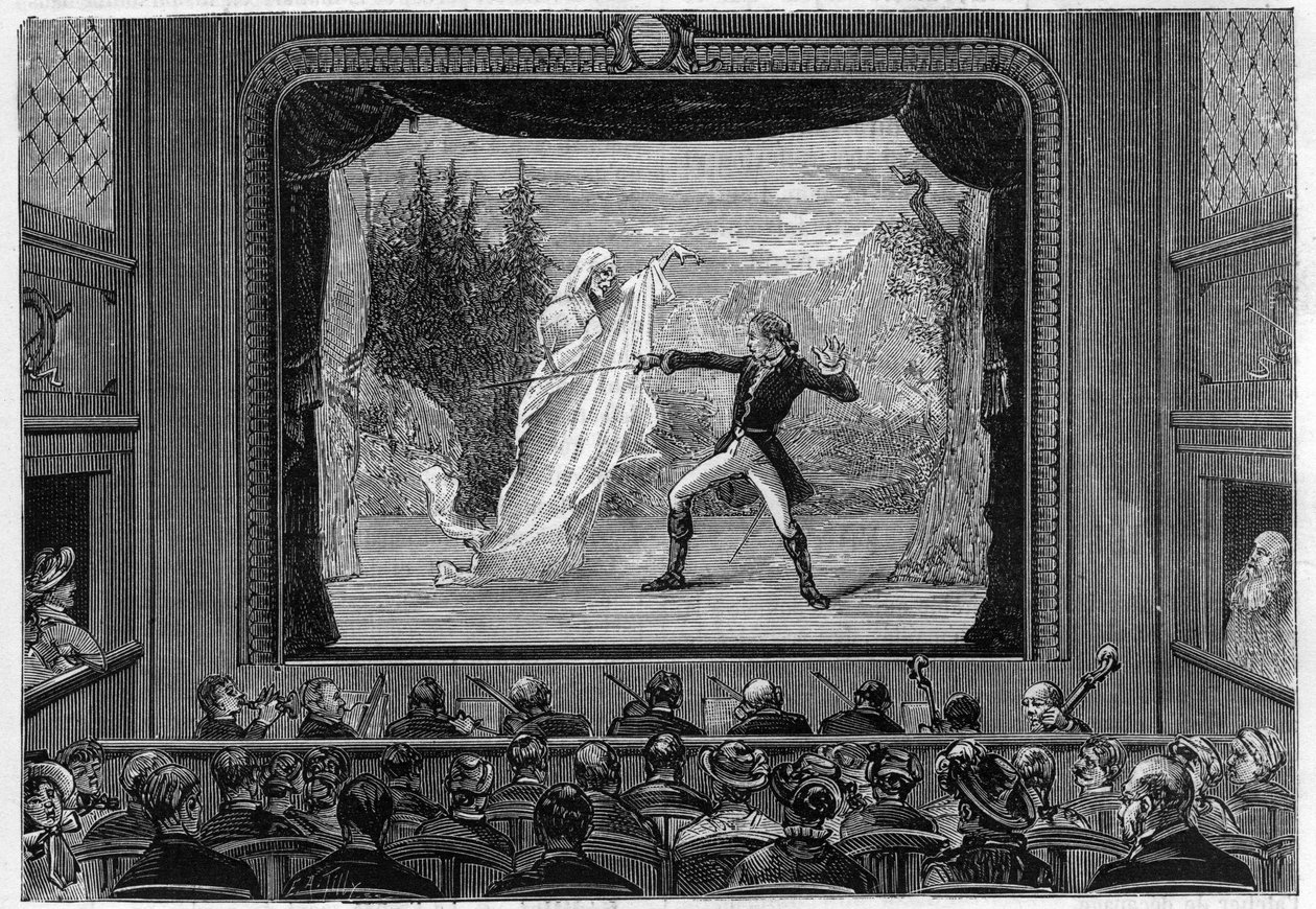 Bilimsel gösteriler: yaşayan spektrumlar. Tiyatro sahnesinde spektrumları deneyimleyin. Bir komedyen bir hayaletle savaşır. “” La Nature” da gravür by Unknown artist