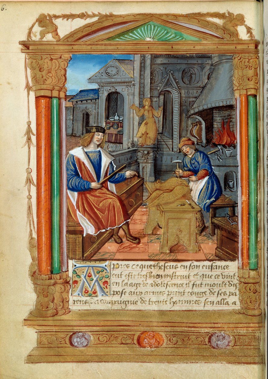 Heykel: Bir usta, bir kartalı yontarak çırağının işini kontrol eder. “” Roman de Theseus de Cologne et de Godifer”den minyatür 16. yüzyıl Paris, B.N. by Unknown artist