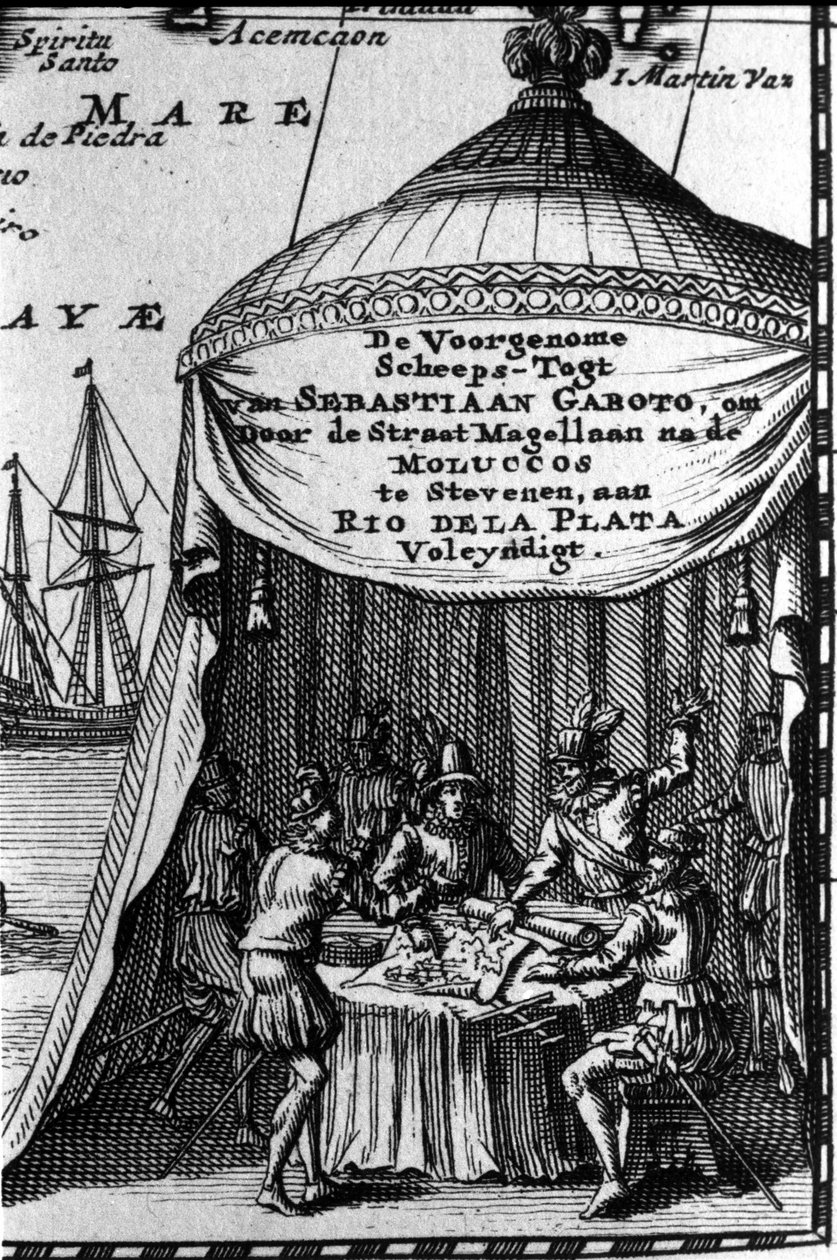 Sebastiano Caboto (Sebastien Cabot), diğer gezginlerle birlikte bir navigasyon haritasının kartuşunu temsil eder. 17. yüzyılın başı. by Unknown artist