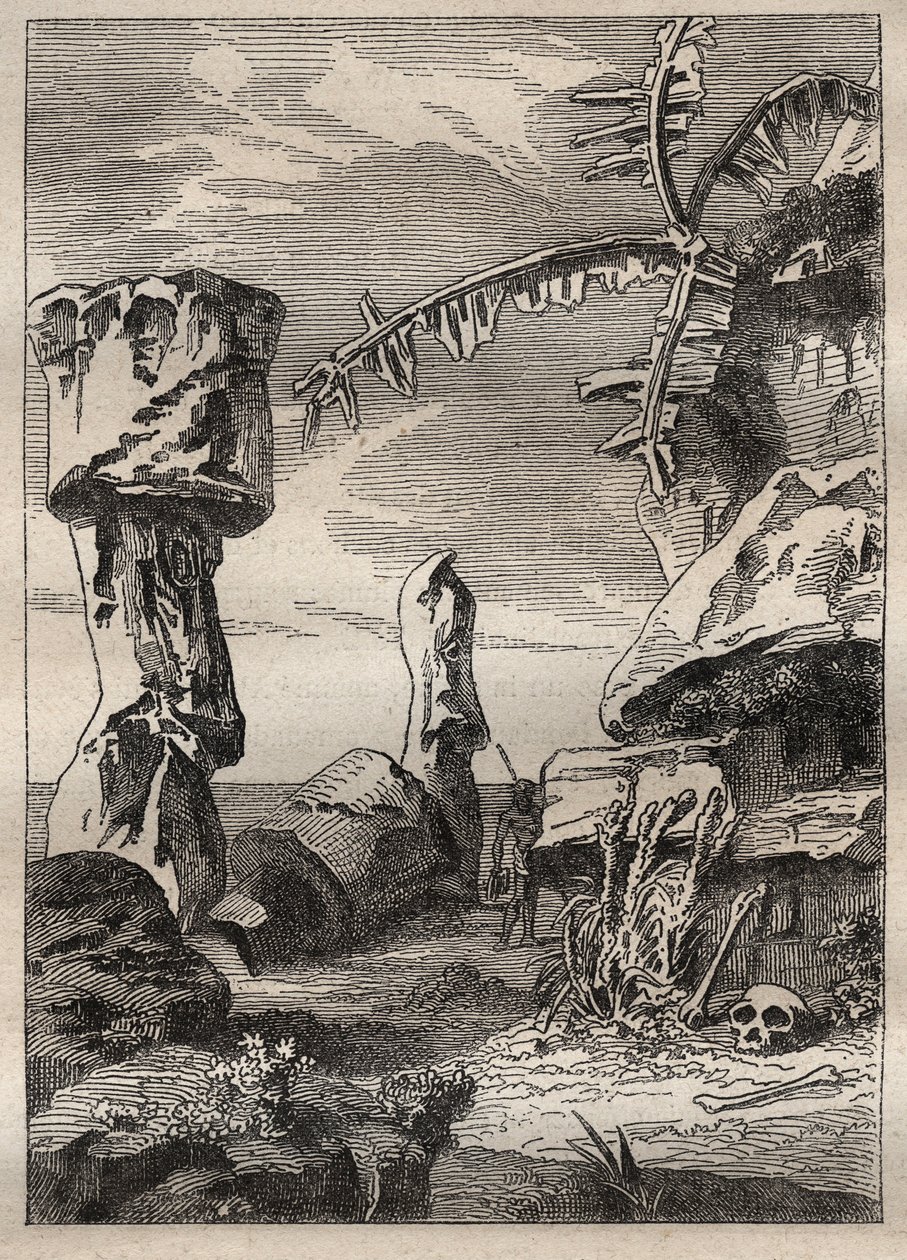 Kaptan James Cook (1728-1779) tarafından ikinci yolculuk (1772-1775): Paskalya Adası anıtları (anıtsal heykeller, moai) - "" 18. Yüzyılın Büyük Denizcileri"nden alınan resim by Unknown artist