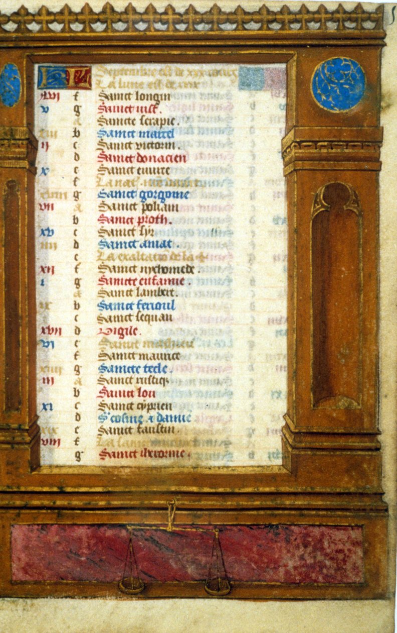 Terazi işaretli Eylül takvimi - Orta Çağ Minyatür: Toulouse Belediye Kütüphanesinden izin isteyin (tel: 05 62 27 66 66) by Unknown artist