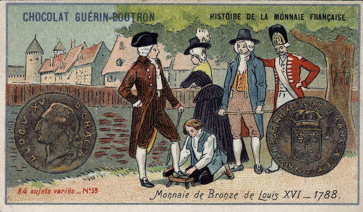 Chocolat Guérin Boutron tarafından yayınlanan Fransız Para Biriminin Seri Tarihi. 19. yüzyıl kromolitografisi. 1788