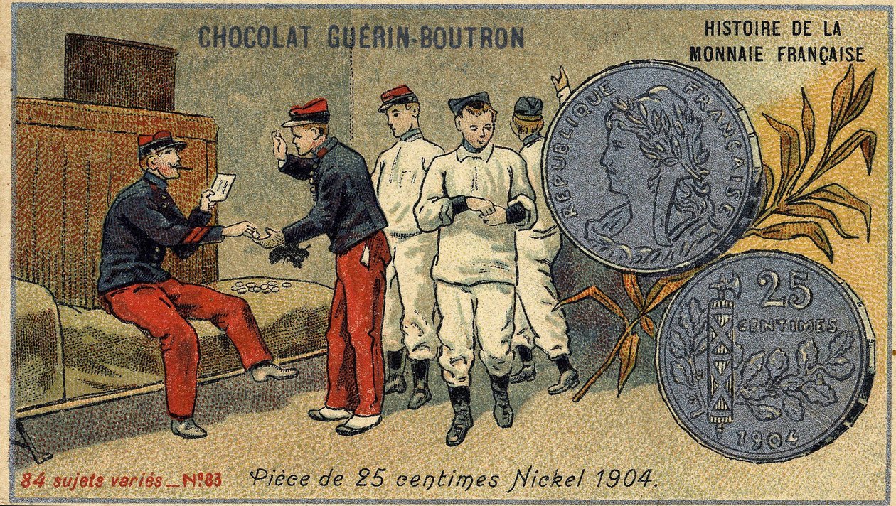 Chocolat Guérin Boutron tarafından yayınlanan Fransız Para Biriminin Seri Tarihi. 19. yüzyıl kromolitografisi. 25 kuruş para. Nikel 1904 by Unknown artist