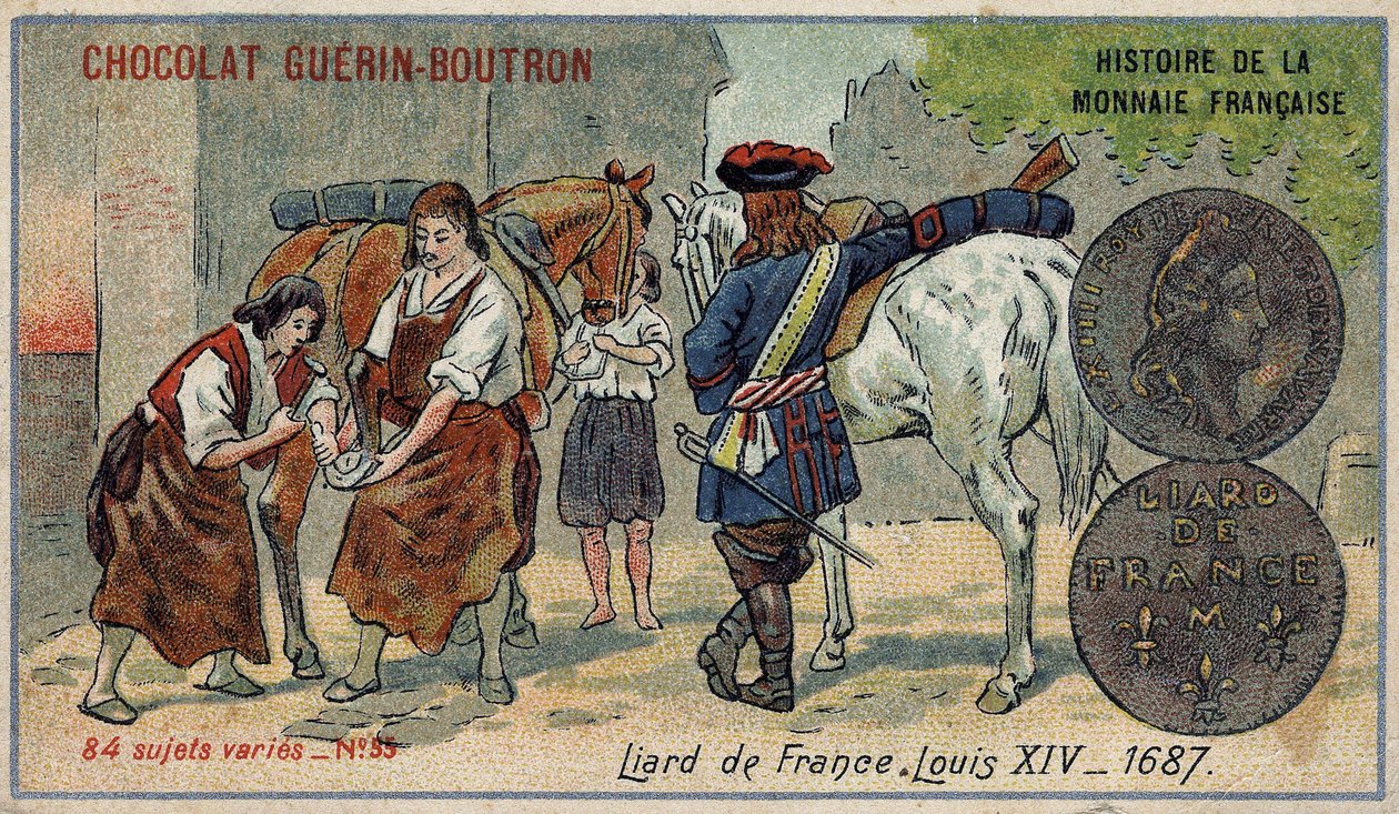 Chocolat Guérin Boutron tarafından yayınlanan Fransız Para Biriminin Seri Tarihi. 19. yüzyıl kromolitografisi. Fransa konumundan Liard. 1687 yılında Louis XIV by Unknown artist
