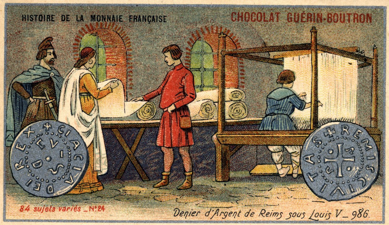 Chocolat Guérin Boutron tarafından yayınlanan Fransız Para Biriminin Seri Tarihi. 19. yüzyıl kromolitografisi. 986