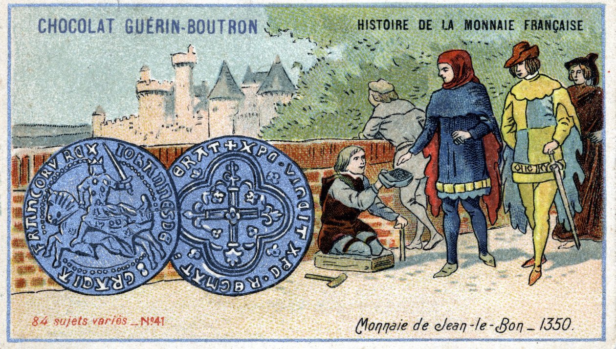 Chocolat Guérin Boutron tarafından yayınlanan Fransız Para Biriminin Seri Tarihi. 19. yüzyıl kromolitografisi. 1350
