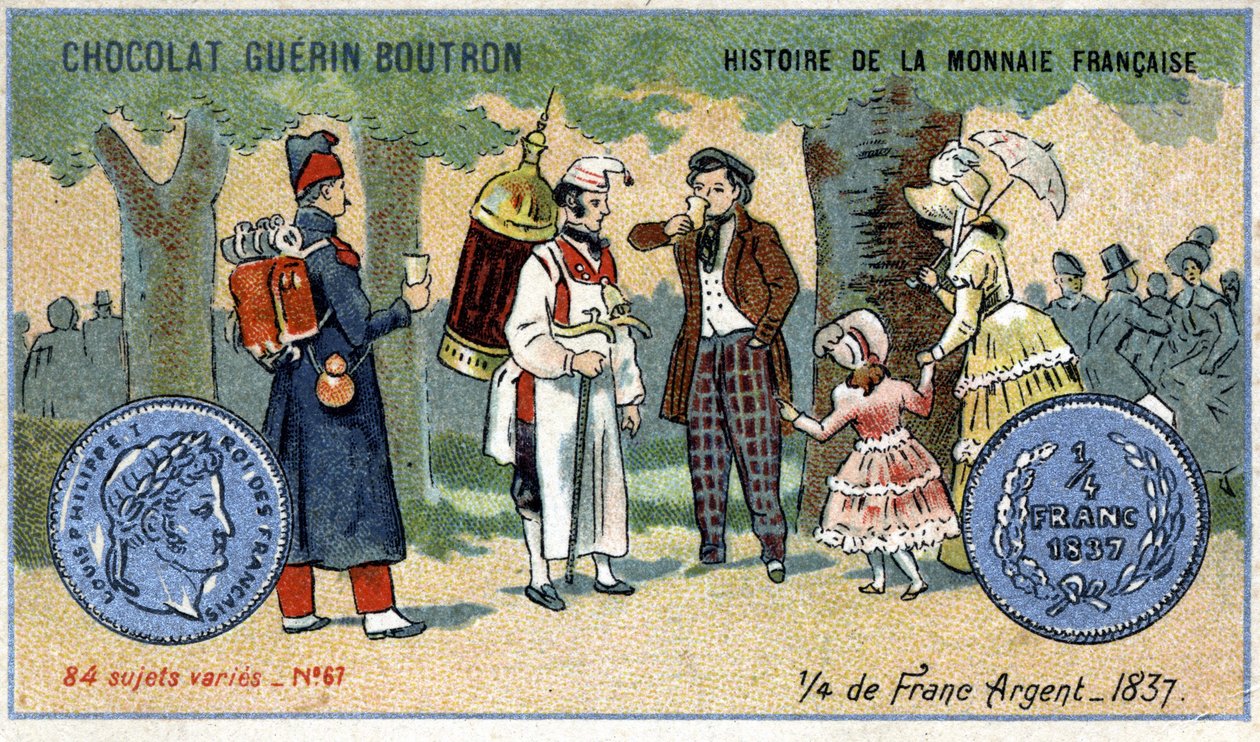 Chocolat Guérin Boutron tarafından yayınlanan Fransız Para Biriminin Seri Tarihi. 19. yüzyıl kromolitografisi. 1837