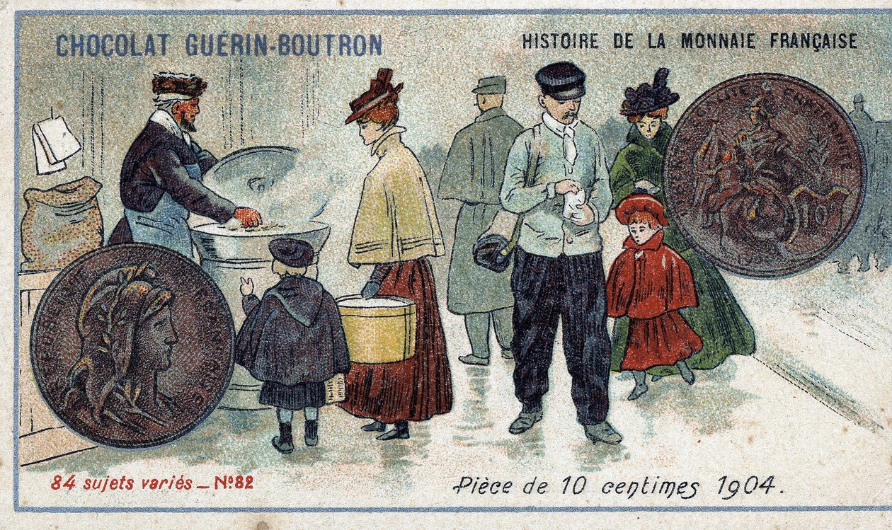 Chocolat Guérin Boutron tarafından yayınlanan Fransız Para Biriminin Seri Tarihi. 19. yüzyıl kromolitografisi. 1904