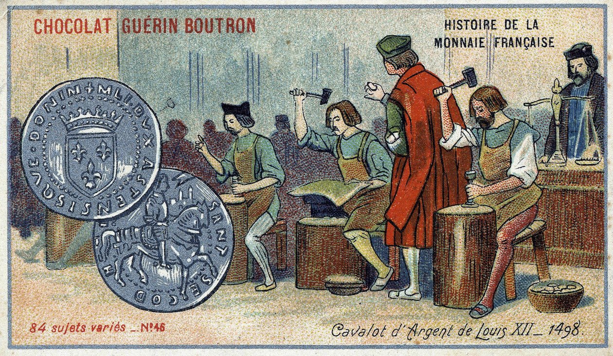 Chocolat Guérin Boutron tarafından yayınlanan Fransız Para Biriminin Seri Tarihi. 19. yüzyıl kromolitografisi. Louis XII