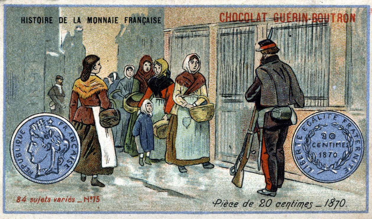 Chocolat Guérin Boutron tarafından yayınlanan Fransız Para Biriminin Seri Tarihi. 19. yüzyıl kromolitografisi. 1870 yılında 20 centimes madeni para by Unknown artist