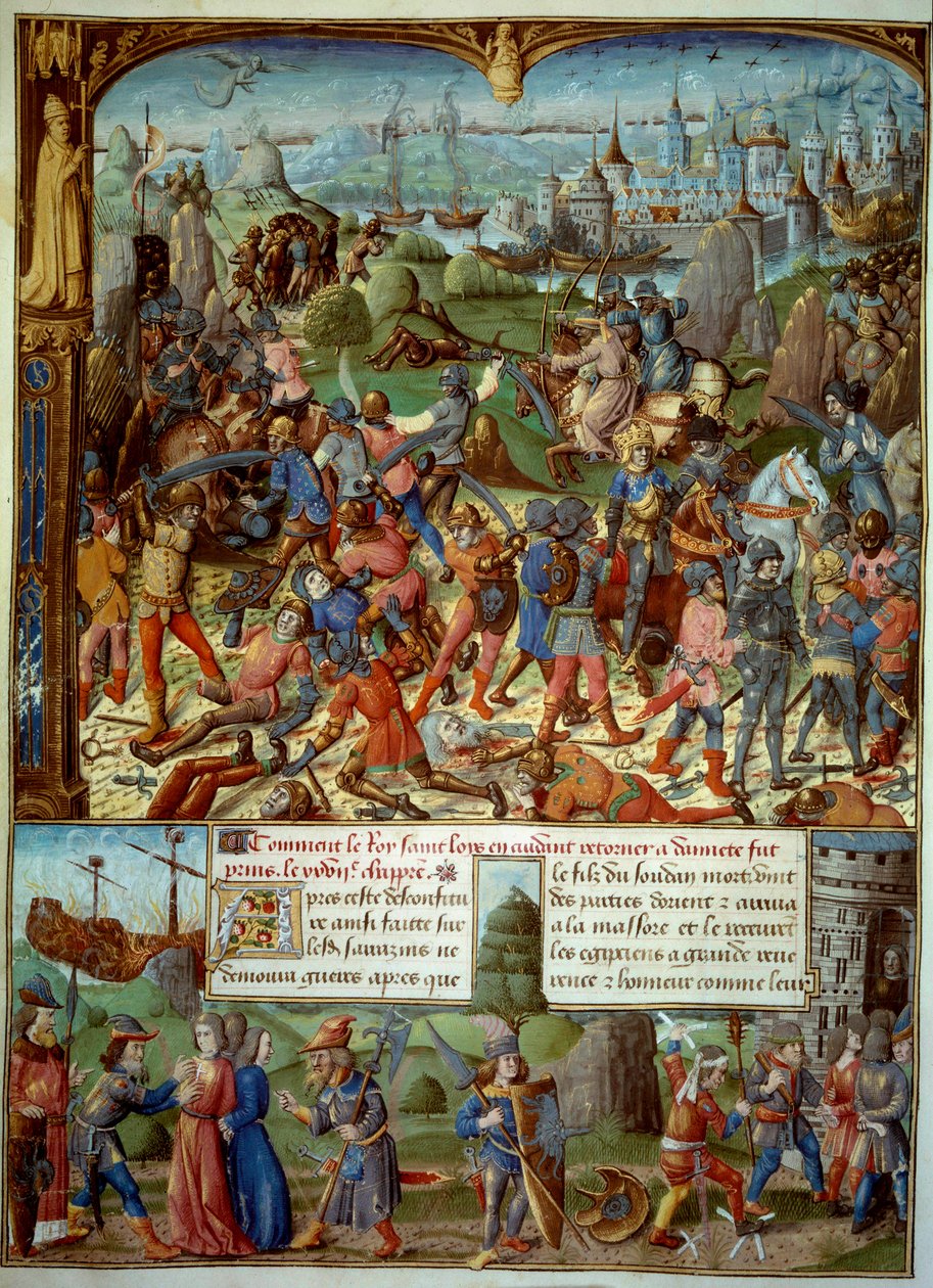 Yedinci Haçlı Seferi (1248-1254). En üstte, Fransa Kralı Louis IX (Saint Louis) (1215-1270), 1250'de Mansoura'da Sarazenler tarafından mağlup edildikten sonra geçişlerle. Şam kulelerinin arkasına çekildiler. Louis IX ve iki erkek kardeşi tutuklandı by Unknown artist