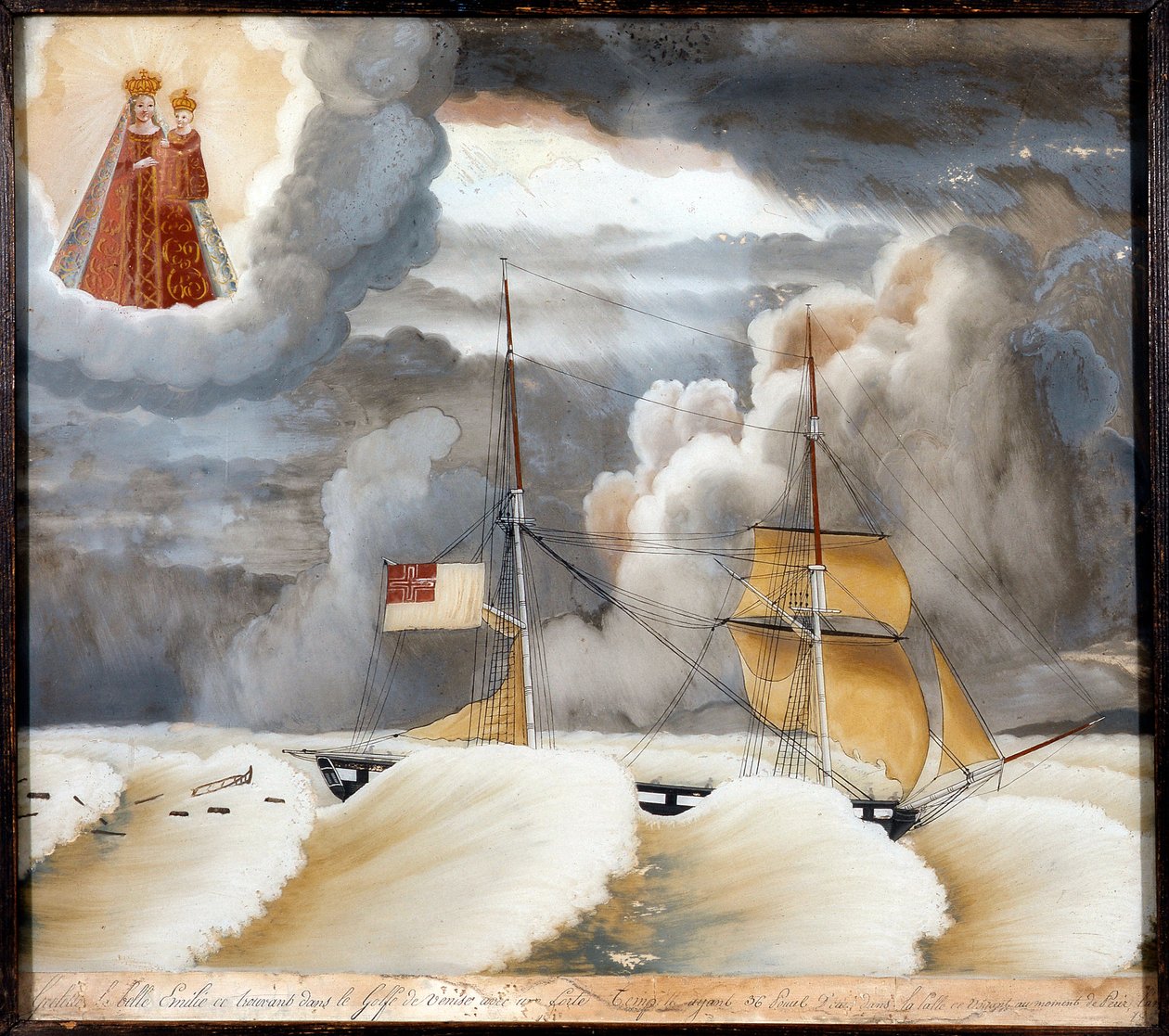 “La belle Emilie” gemisini zorlukla - ahşap üzerine boyama, ex voto Notre Dame de Laghet, 44x37 cm by Unknown artist