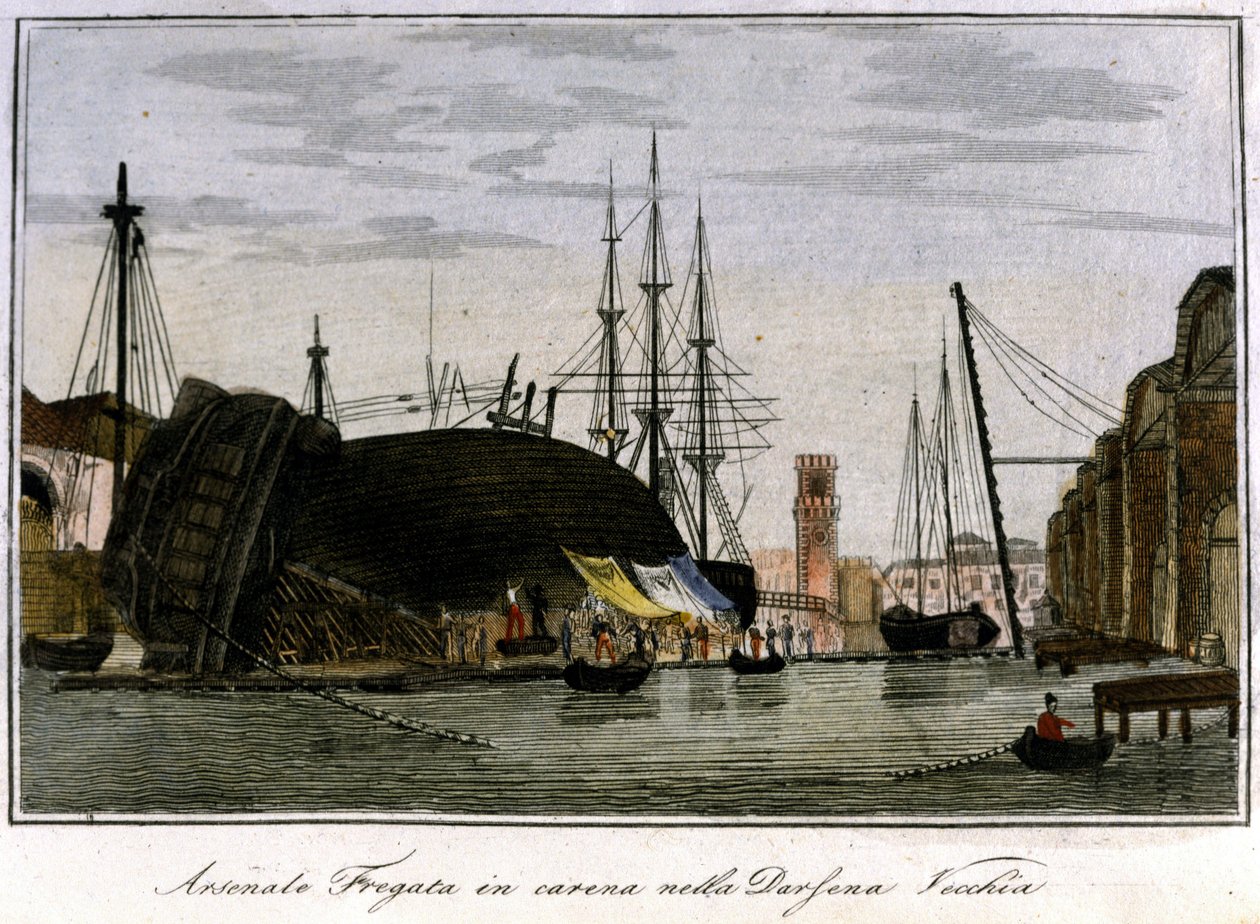 Gemi gövdede vuruldu. Gövdesi cephanelikte tamir edilen Venedik fregatı. 19. yüzyılın gravürü. by Unknown artist