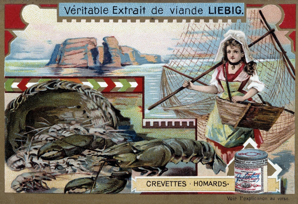 Karides ve ıstakoz, genç bir balıkçı kadınla, sepetini ve büyük bir ağı taşıyor - Liebig kromolitografisi by Unknown artist