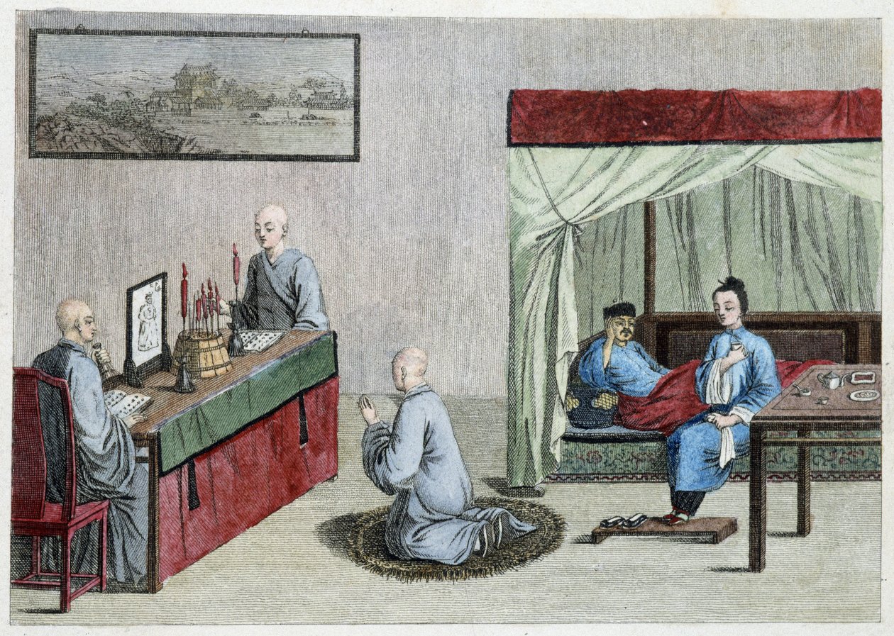 Yatakta hasta adam ve keşişlerin duası - Çin by Unknown artist