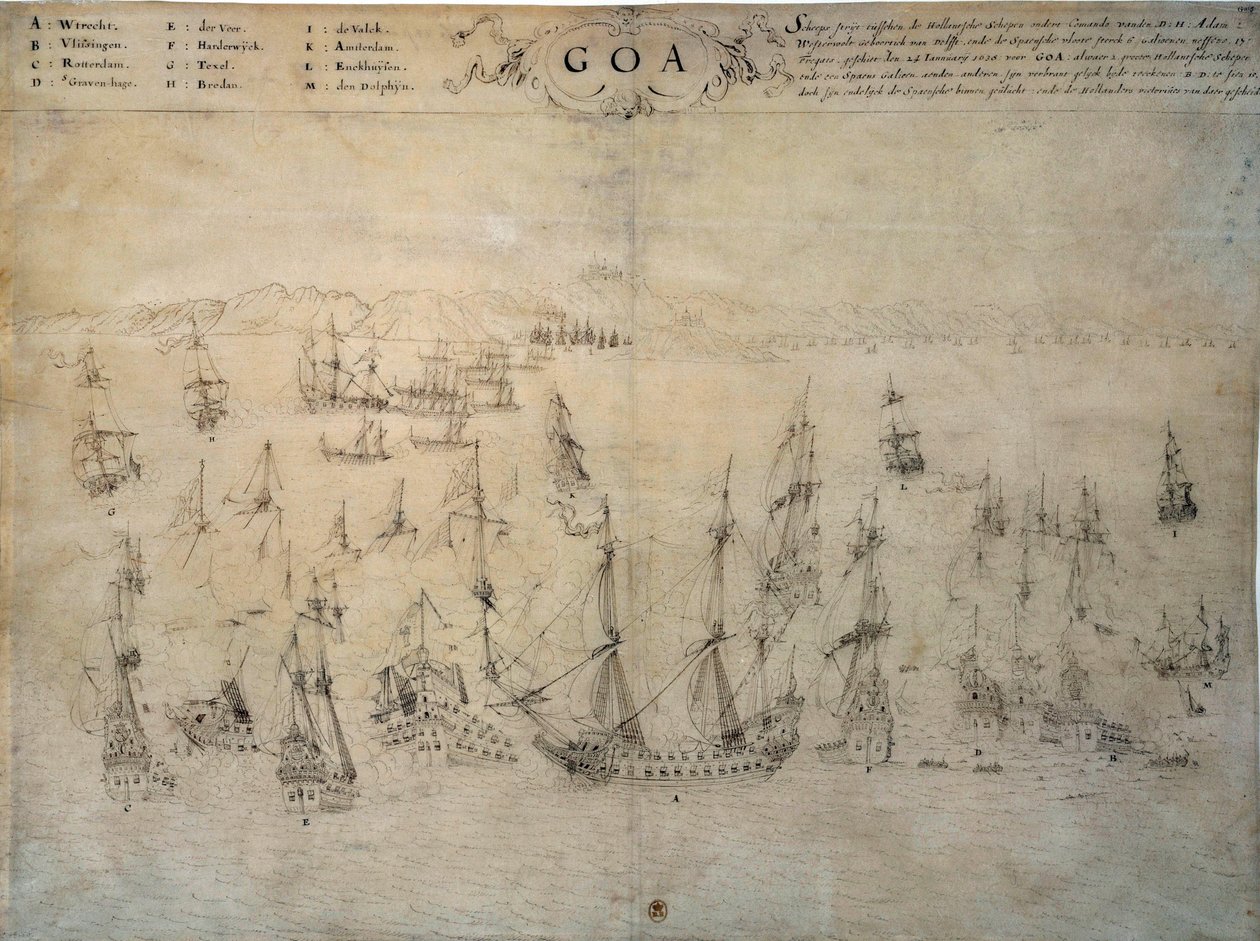 Goa Kuşatması, Portekiz kolonisi, 1603 ve 1639 yılları arasında Hollanda filosu tarafından. 17. yüzyıl el yazması Paris, B.N. by Unknown artist