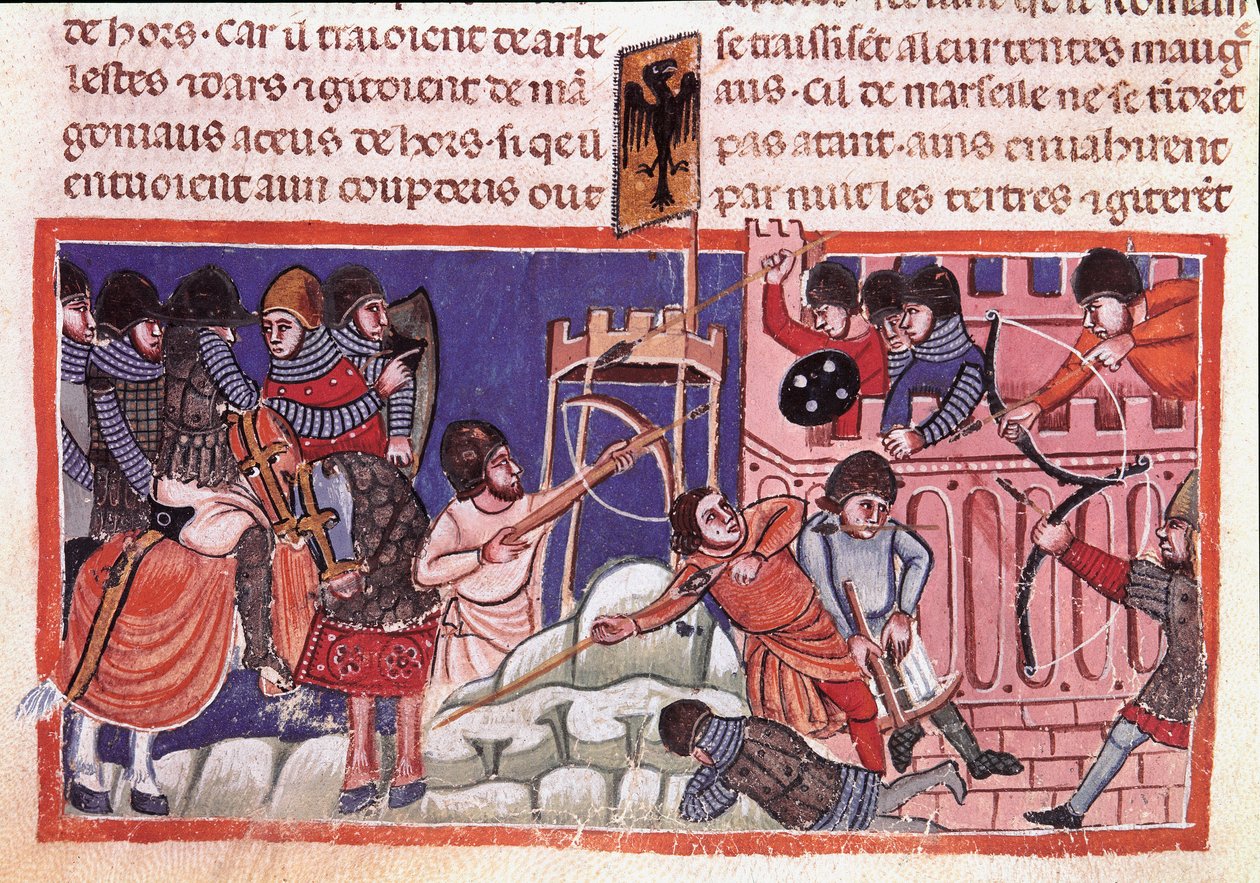 Müstahkem bir şehrin kuşatması. Jules Cesar (101 BC-44 BC) 14. yüzyıl Venedik, Biblioteca marciana gerçekleri üzerine bir kodeksten minyatür by Unknown artist