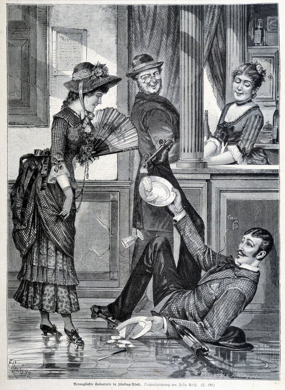 Bir bira fabrikasında paten sahnesi. Bir çocuk düşerek üzerindeki tabakları kırar (1883). by Unknown artist