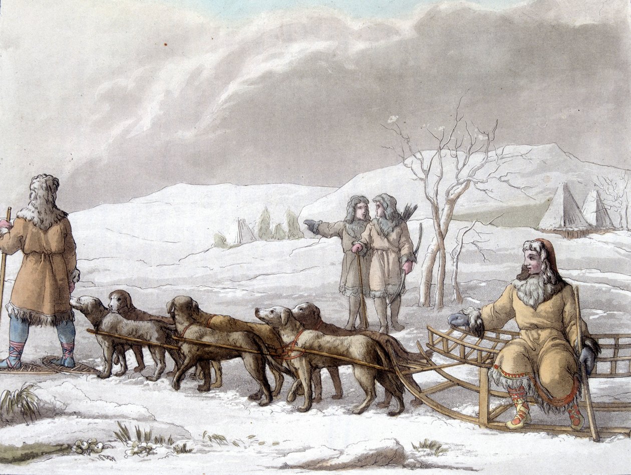 Köpekler tarafından çekilen Kamptschadales'in kızağı, Sibirya. Çizim Gallina f. Paris'te Dekoratif Sanatlar Kütüphanesi. “” Antik ve modern kostüm”” by Unknown artist