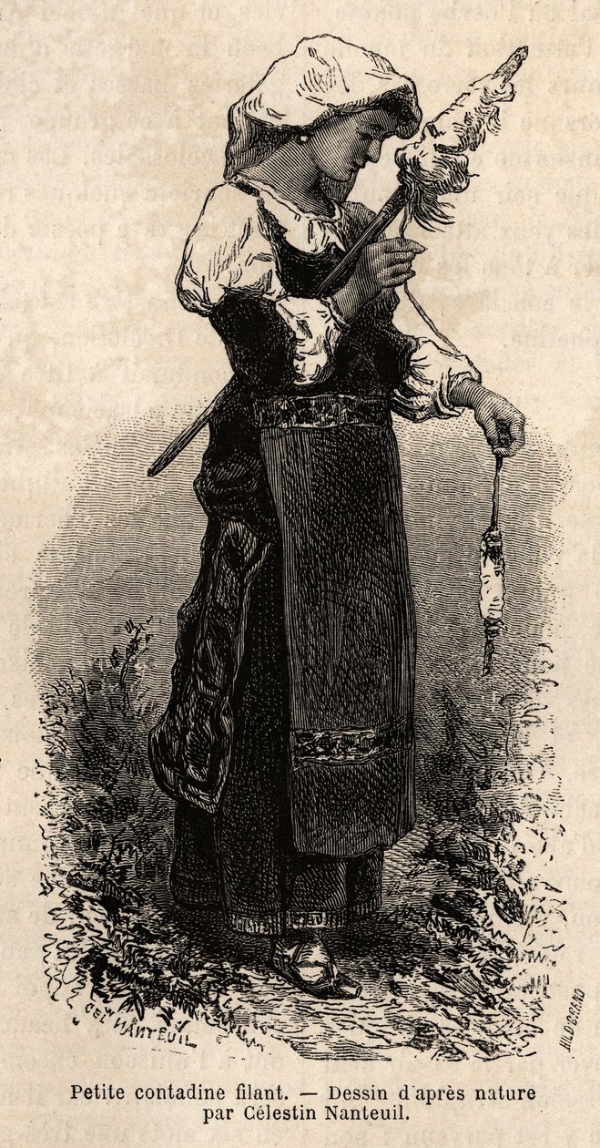 Roma çevresinden küçük kontadine (köylü), iğ ile yün eğiren. 1864-1870