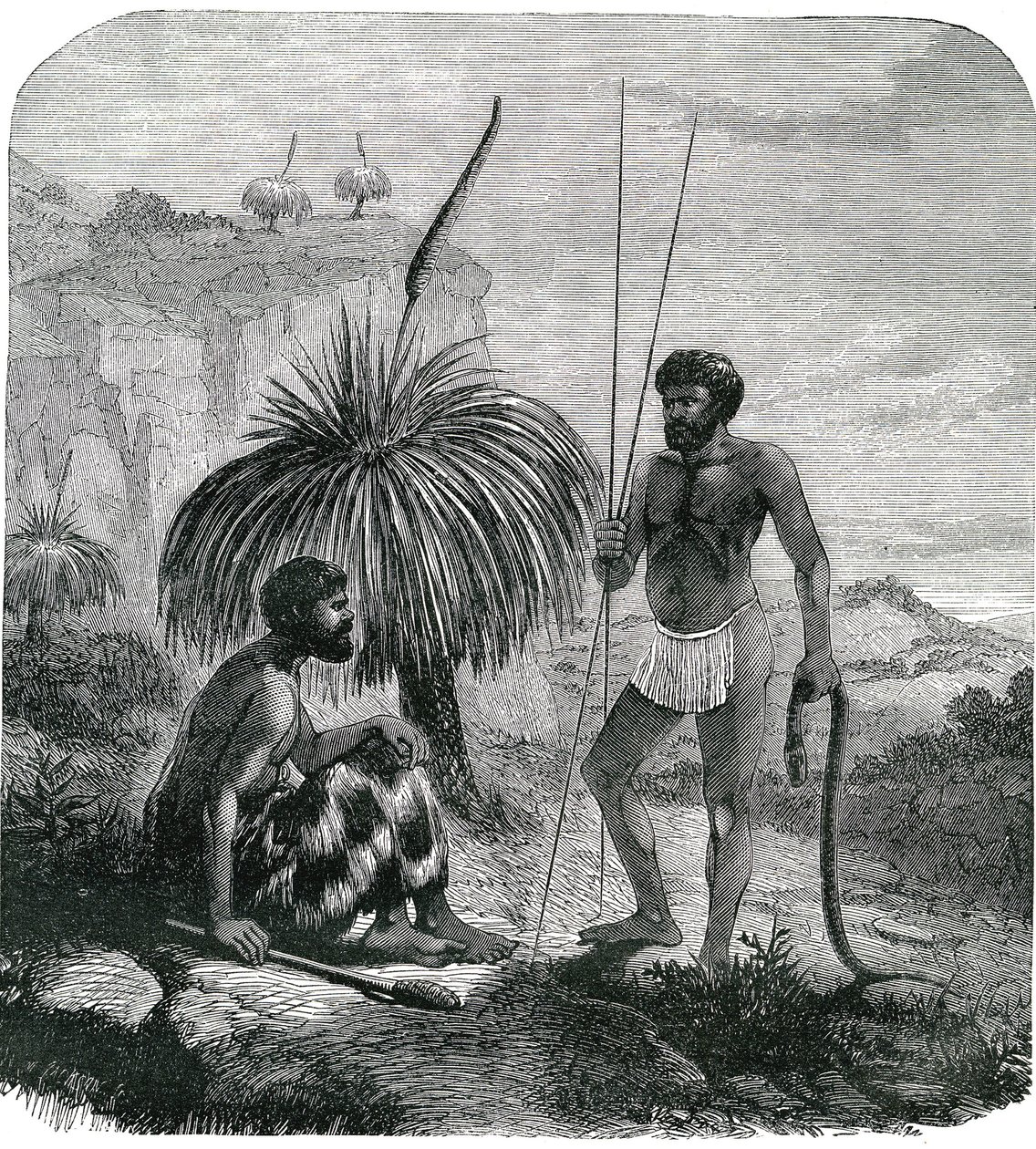 Avustralya'da yılan avcıları. Gravür 1868 by Unknown artist