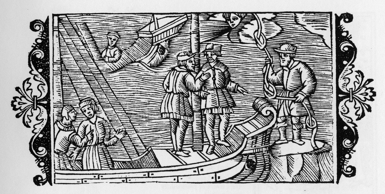 Bir ipin üç düğümünde kilitli rüzgarları denizcilere satan büyücü - Olaus Magnus, Roma 1555 tarafından “Historia de Gentibus Septentrionalibus” (Kuzey Halklarının Tarihi) by Unknown artist