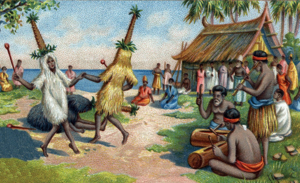Güney Pasifik Adası dansçıları: Dini törenlerde sinek kuşu tüyü, kakato ve Cennet kuşlarından yapılmış giysiler giyerler. 19. yüzyılın kromolitografisi by Unknown artist