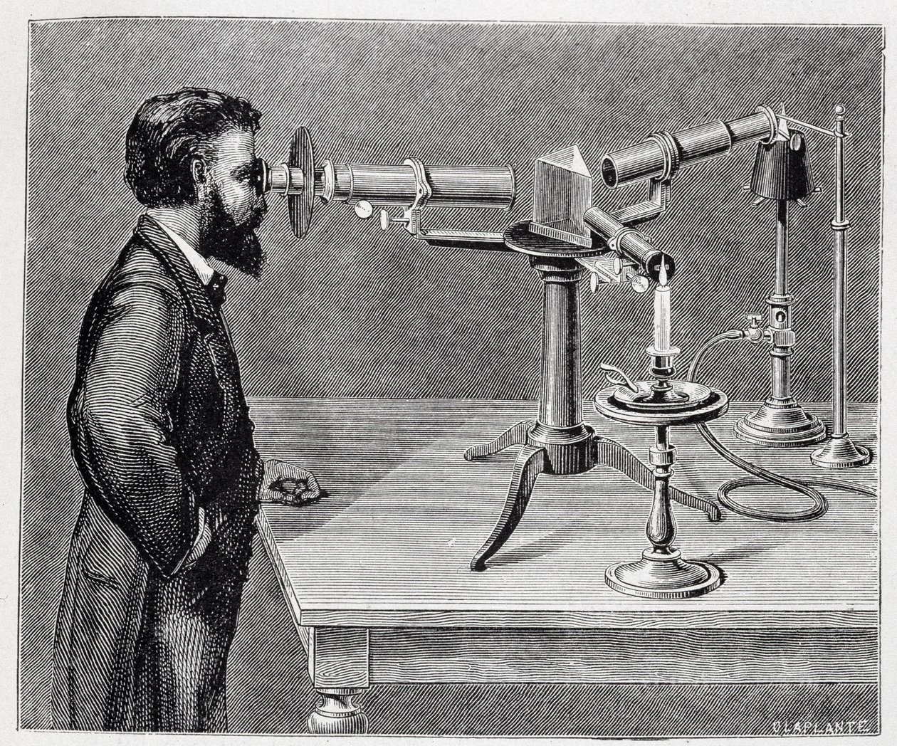 Karasal elementlerin spektrumlarını gök cisimlerininkilerle karşılaştırmak için spektroskop by Unknown artist