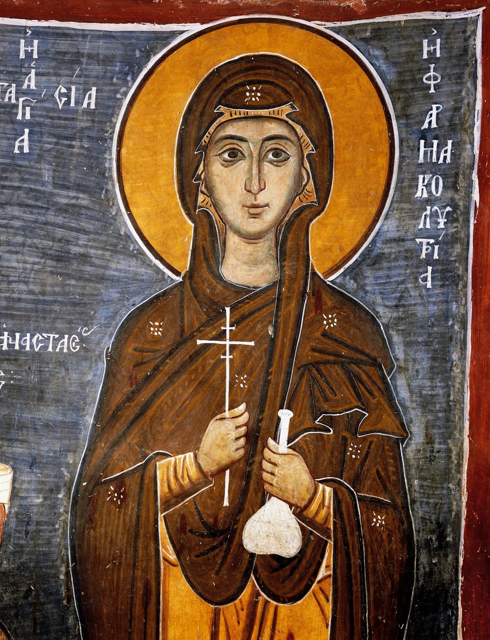 Aziz Anastasia, bir şişe ilaç ve haç ile atların şifacısı, Our Lady of Asinou (12. yüzyıl) Bizans kilisesi (Unesco Dünya Mirası Listesi, 2001), Trodos dağları, Kıbrıs, Detay by Unknown artist