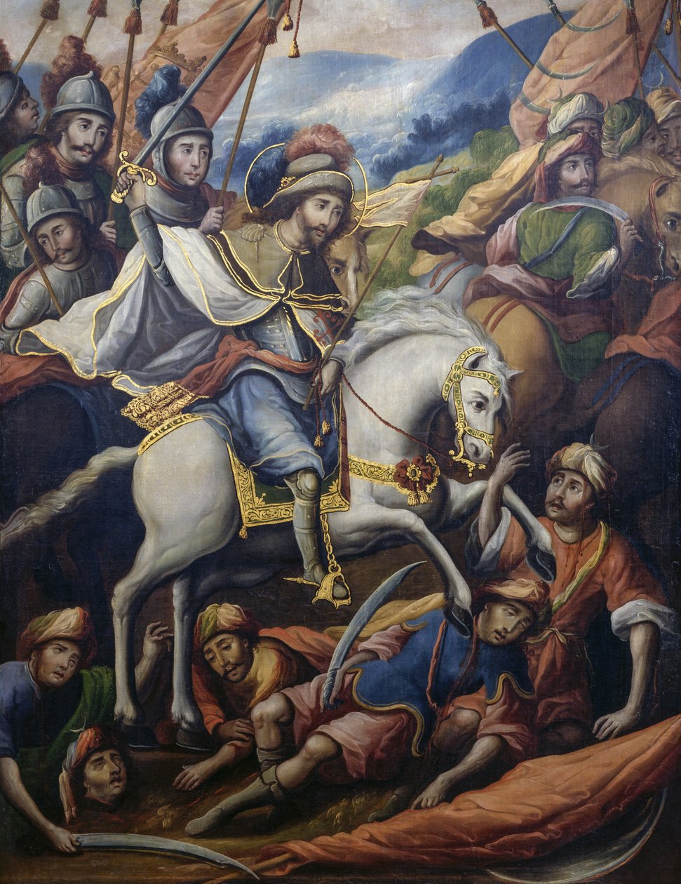 St James, Moors'u at sırtında öldürüyor, Paravento della conquista'dan (Fetih ekranı) detay, bilinmeyen bir 17. yüzyıl sanatçısı tarafından tuval üzerine yağlı boya, 213x550 cm, Meksika by Unknown artist