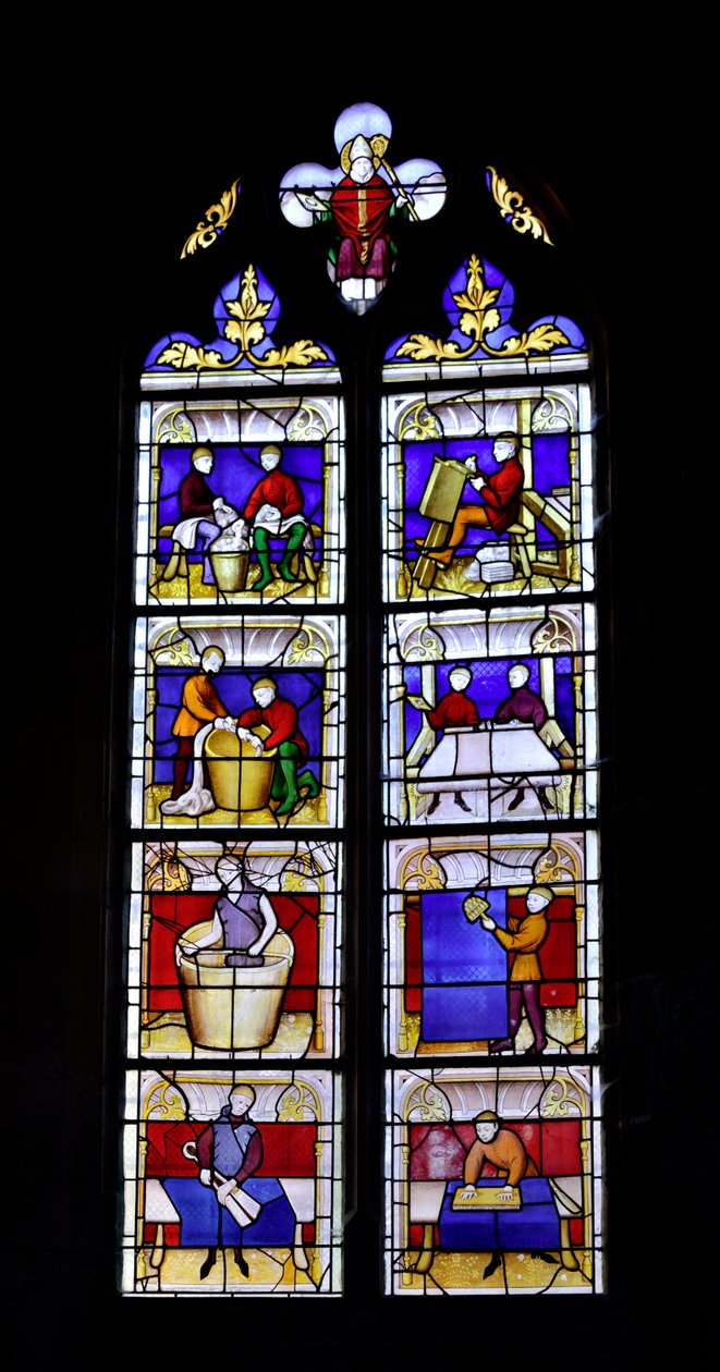 Kumaş yapımını gösteren vitray pencere, 15. yüzyılın ortaları - Semur-en-Auxois Kilisesi Collegiale Leydisi (Notre Dame de Semur en Auxois), Burgonya
