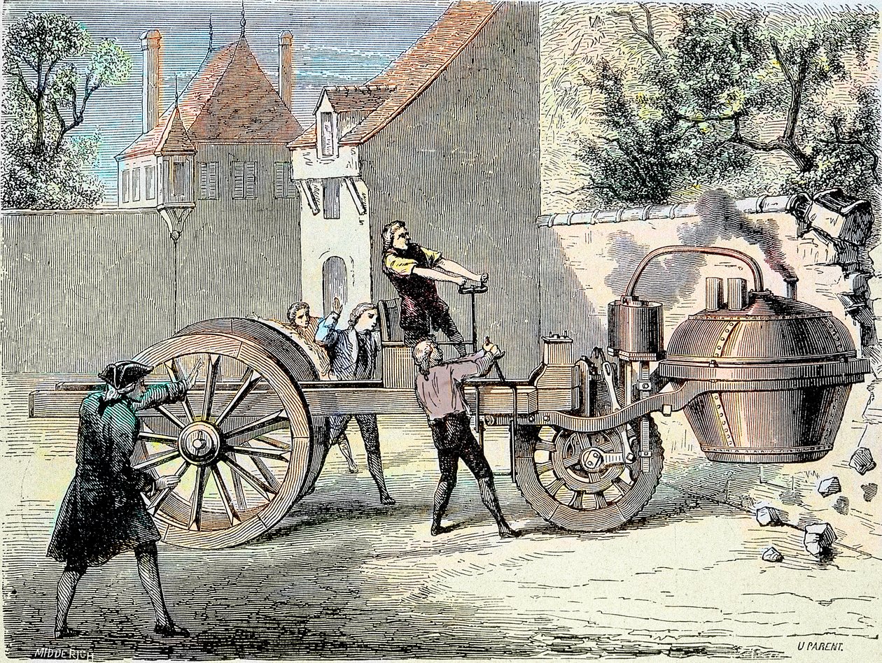 Nicolas Joseph Cugnot (1725-1804) tarafından icat edilen buharla çalışan araba, 1770