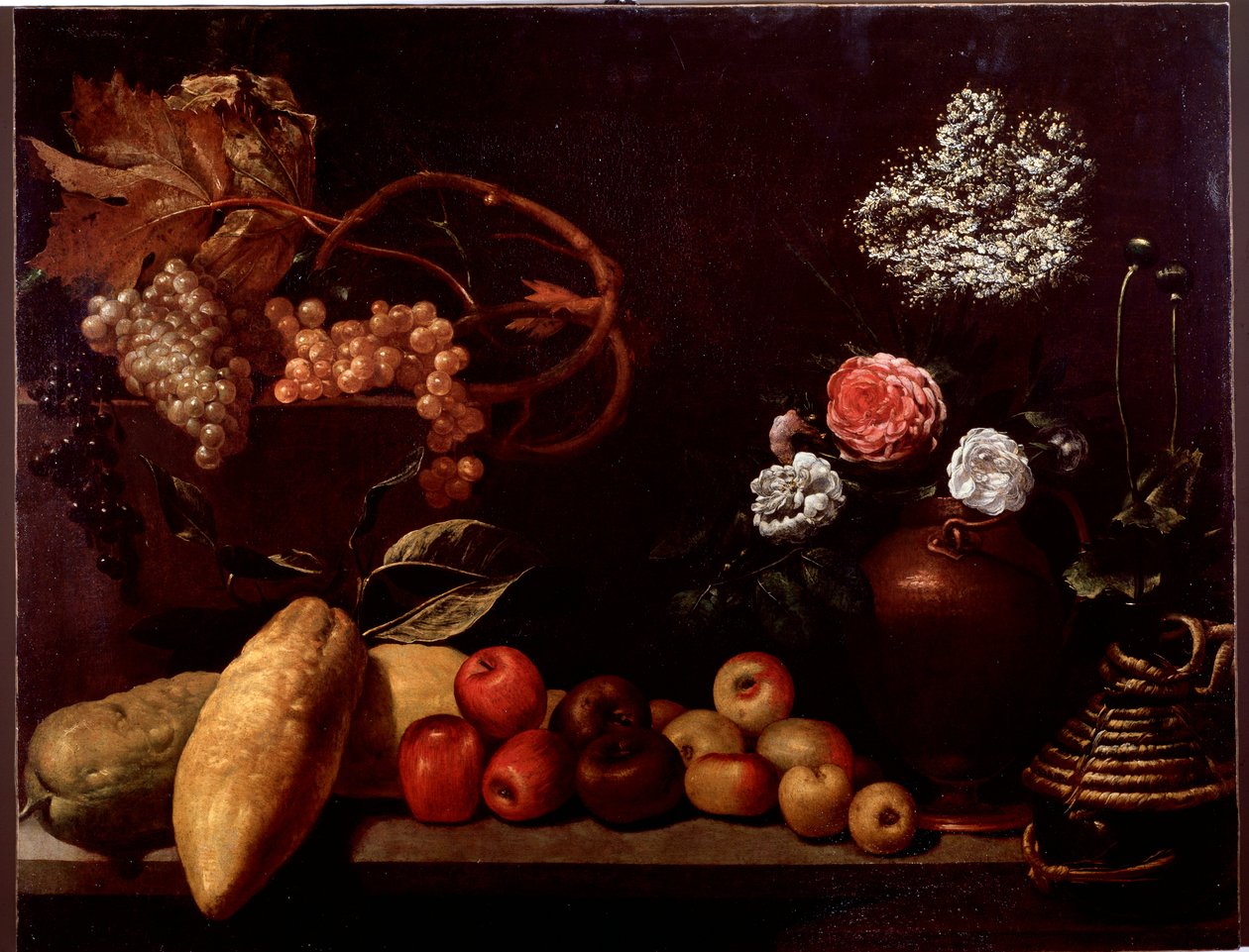 Güller, çalı çiçekleri, limonlar ve üzümlerle natürmort (resim by Unknown artist