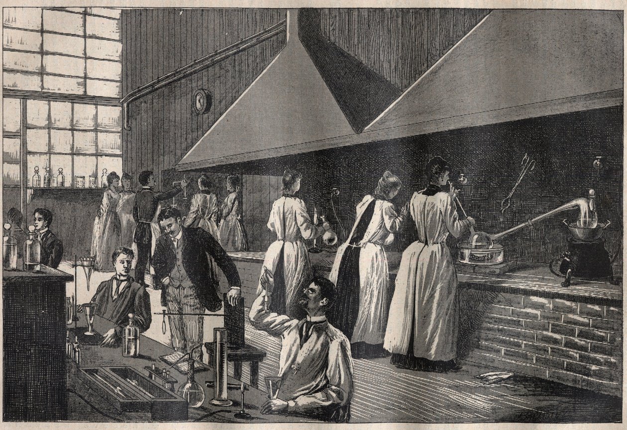 Paris Conservatoire des Arts et Metiers (Arts-et-Metiers) pratik laboratuvarındaki öğrenciler ve profesörler by Unknown artist